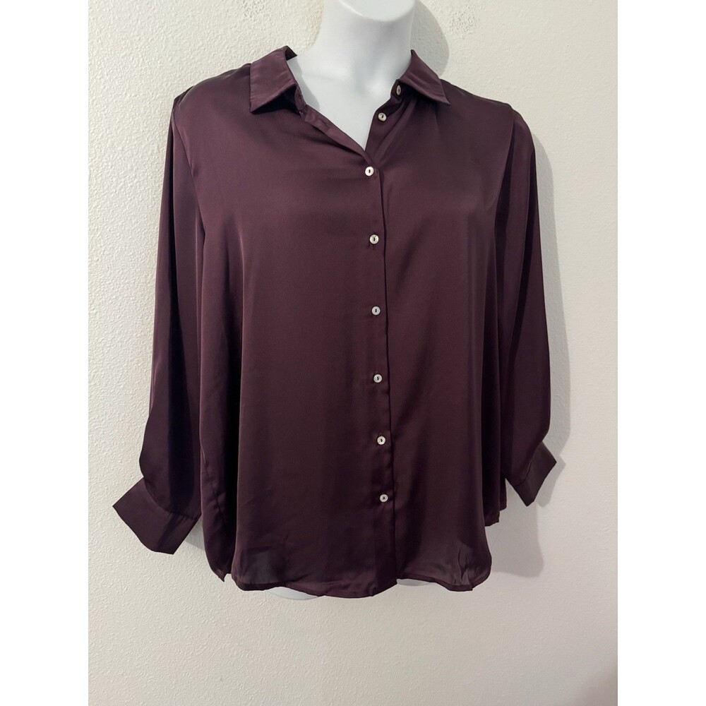 Truth By Republic Women's Blouse Long Sleeve 2X Satin Dark Purple Button Up